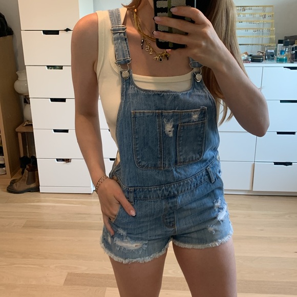 Zara girls denim jean overalls shorts summer distressed raw hem - Picture 2 of 5